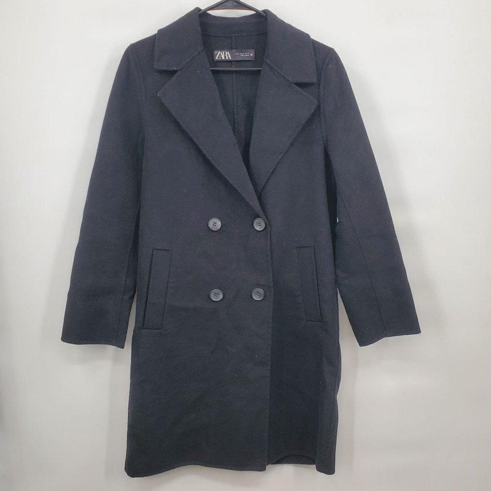Zara Wool Double Breasted Long Pea Coat Size XS Womens Black Oversize Button Up